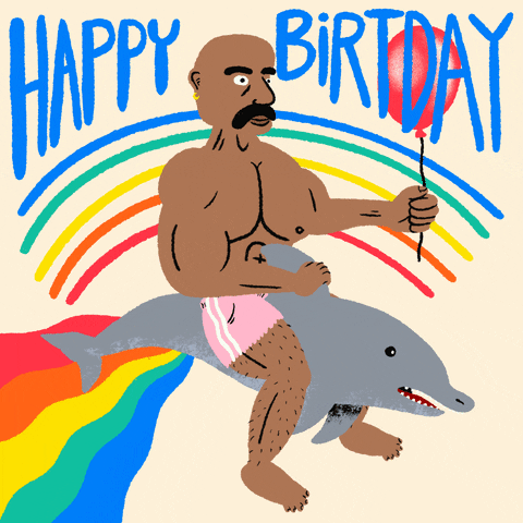 Illustrated gif. A topless, muscular man holds a red balloon while riding a dolphin, which is shooting rainbows out of its butt. Text, "happy birthday."
