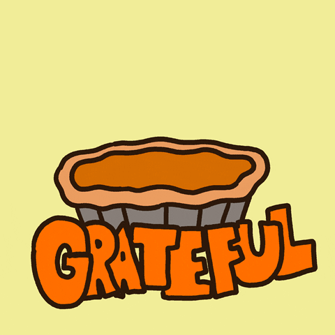 Illustrated gif. Three different hands use forks to take slices of pumpkin pie.Text, “Grateful.”
