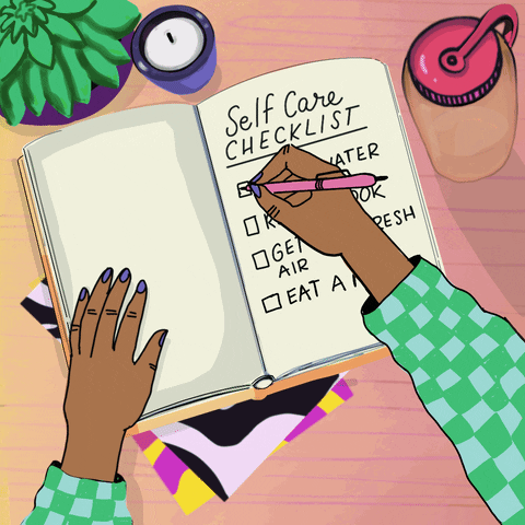 Text gif. Brown hand with purple nail polish leans over a desk, checking off boxes on a to do list entitled "Self care checklist," "drink water," "read a book," "get some fresh air," "eat a meal," check, check, check, check.