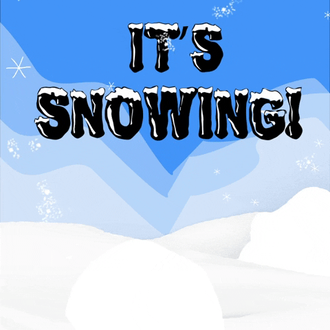 Cartoon gif. Snowflakes fall on drifts where a white dog in a blue scarf pops up and looks around before diving back down. Text, "It's snowing."