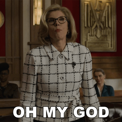 TV gif. Christine Baranski as Diane Lockhart in The Good Fight standing tall, tosses her head, vexed, saying "Oh my god."