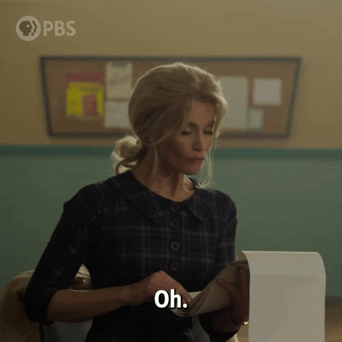 TV gif. Gemma Arterton as Barbara in Funny Woman stands in a classroom, looking up from her clipboard with a surprised expression as she says, "Oh," which appears as text.