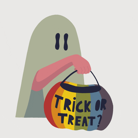 Illustrated gif. Person in a ghost costume swings a rainbow colored jack-o-lantern bucket that reads, "Trick or Treat?"