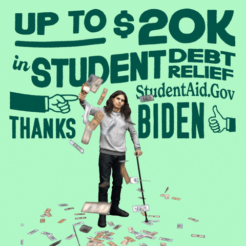 Digital art gif. Young man with long wavy hair confidently wields a money shooter on full blast, cash flying out like confetti, surrounded by big green lettering bobbing and flexing on a mint green background, accompanied doodles including a thumbs up. Text, "Up to $20k in student debt relief, Thanks Biden, Student-Aid-dot-gov."