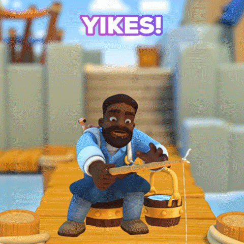 Digital art gif. A 3D rendering of a fisherman sitting on a bucket at the edge of a dock, struggling to reposition his fishing rod after the fish has gotten away. Text, "Yikes!"