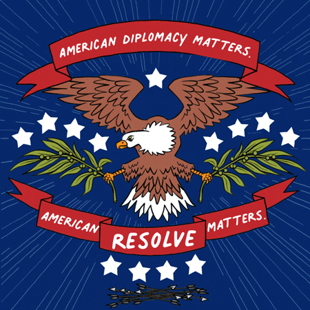 Illustrated gif. Eagle grasping olive branches bobs among stars with arrows piled beneath on a navy blue background. Text on red banners, "American diplomacy matters. American resolve matters."