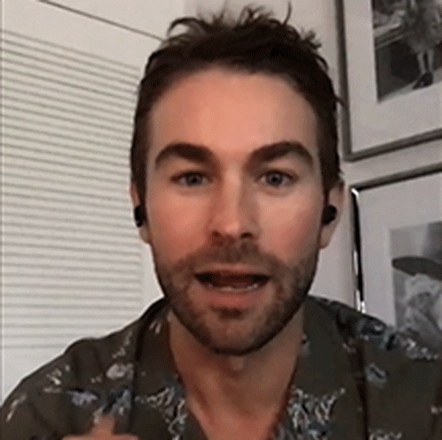 Celebrity gif. Video chat of Chace Crawford on the Tonight Show leaning away from us to laugh. He leans forward again and points to us as he elaborates with a grin. Text, "Oh...actually that...yes, that actually is a true story."
