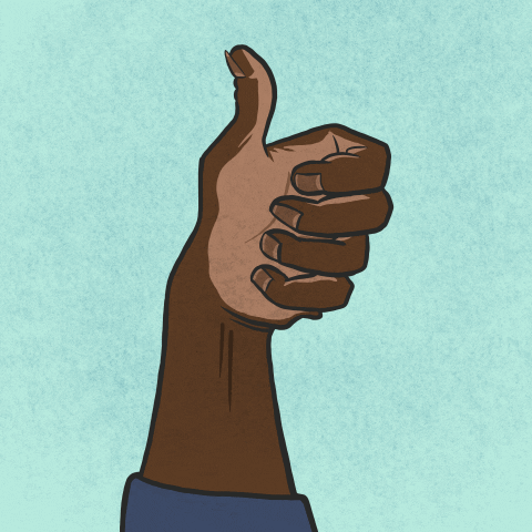 Cartoon gif. An animated drawing of a hand raised in a thumbs up is on screen for a few seconds, then moves down out of frame and then back to its original position in a perfect loop. 