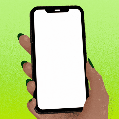 Digital art gif. Hand holds a black smartphone over a lime green background. On the screen, we see that the hand has texted someone, “How do I find out more about state abortion bans?” The person responds, “Visit abortionfinder.org for a state-by-state guide.”