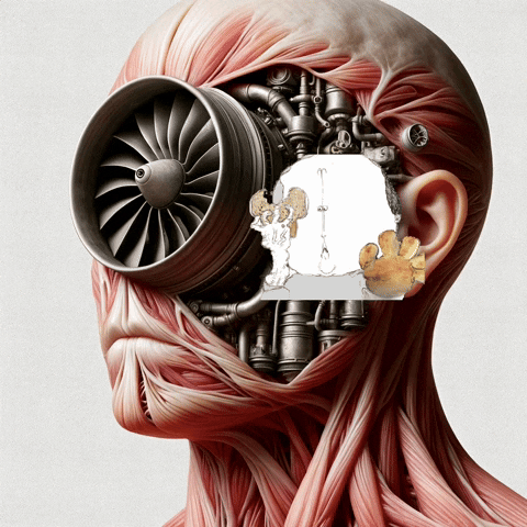 Digital art gif. A human head is stripped of its skin, revealing a mechanical interior with a propeller taking over the entire facial area. An illustration of a man withering and crumbling away exists next to the ear. 