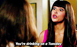 TV gif. Hannah Simone as Cece in New Girl is wide eyed and serious as she attempts to convince Jess and says, "You're drinking on a Tuesday."