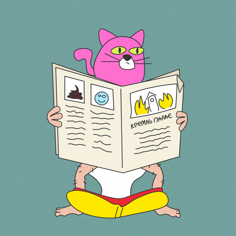 Illustrated gif. Pink cat sits on the head of a man whose face is covered by a newspaper while sitting on a toilet, tapping his feet. Man peeks up from behind the newspaper and looks side to side.