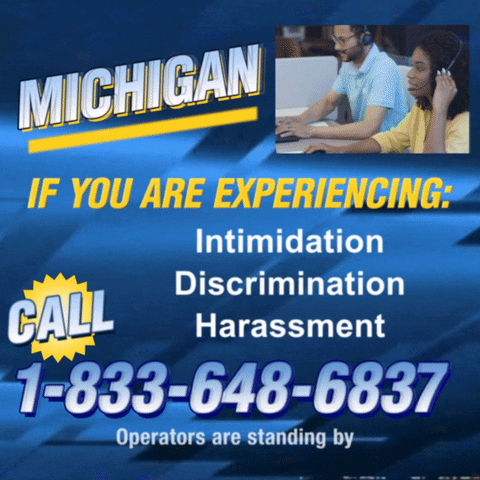 Text gif. Against a blue background that looks like a retro 1990s infomercial with a small video in the top right corner that shows two operators high-fiving. Text, “Michigan, if you are experiencing intimidation, discrimination, harassment, call 1-833-648-6837. Operators are standing by.”