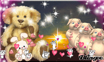 Digital art gif. Three pigs are marching in unison and a little rabbit sits in front of a fuzzy beige bear. Sparkles, kittens, and pink hearts fly all around them.