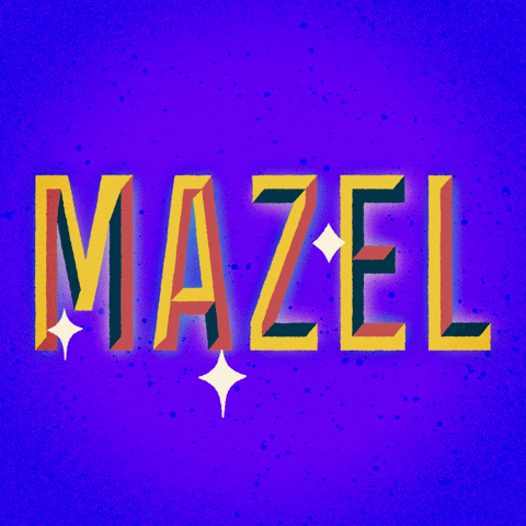 Text gif. Giant, glittering, gold letters on a purple background stretch even larger, reading, "Mazel."