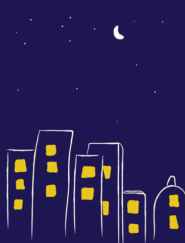 Digital illustration gif. Hand-drawn scene shows fireworks exploding over city skyscrapers at night under a crescent moon and a few dots of stars. 