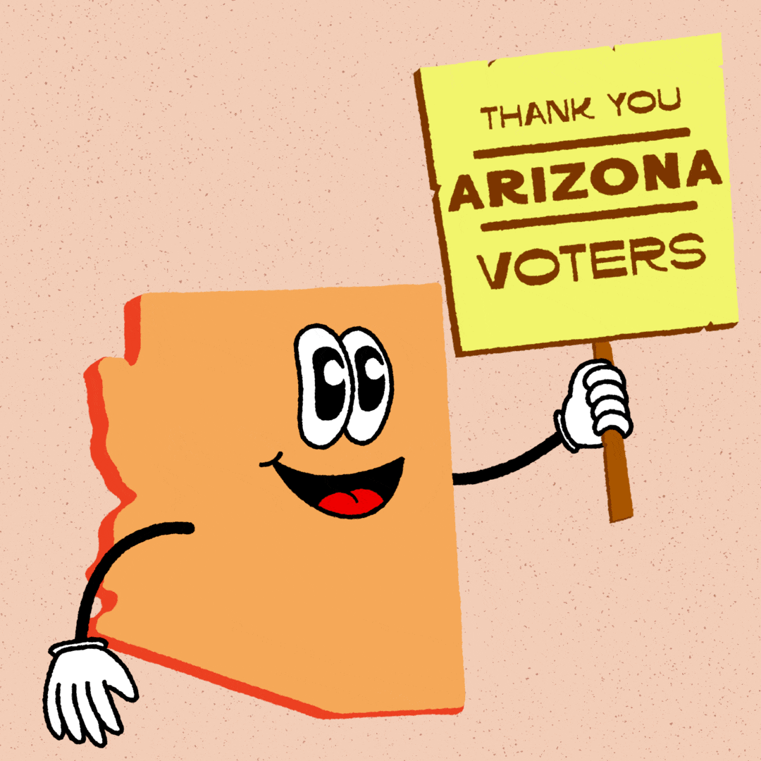 Digital art gif. Apricot orange graphic of the anthropomorphic state of Arizona on a peachy background holding a butter yellow picket sign that reads "Thank you Arizona voters!"