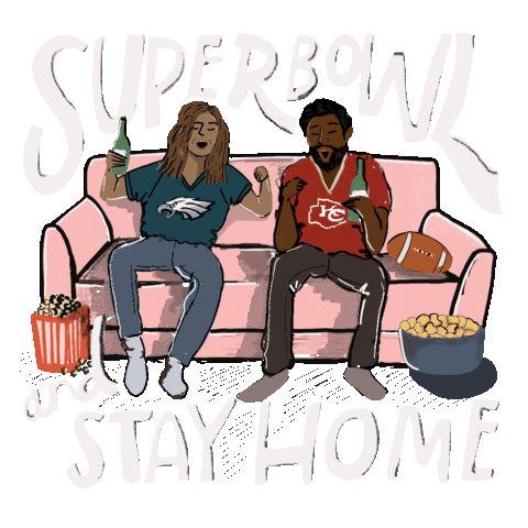 Text gif. Couple sitting on a couch, bottles in hand, snacks all around, the woman wearing a Philadelphia Eagles jersey, and the man wearing a Kansas City Chiefs jersey, as they both pump fists in celebration. Text, "Super bowl and stay home."