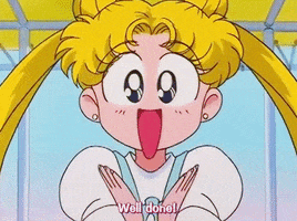Anime gif. Usagi Tsukani on Sailor Moon has wide, excited eyes. She claps as she says, “Well done!