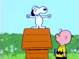 Peanuts gif. Charlie Brown stands next to Snoopy's doghouse and watches him stretch, yawn, and lay down on the roof. Then Charlie Brown looks at us, exasperated.