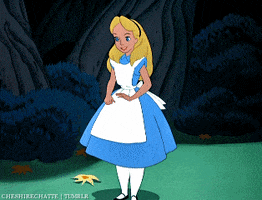 Disney gif. Standing in a forest, Alice of Alice in Wonderland smiles and curtsies.
