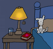 Illustrated gif. Small white dog sits on the edge of a bed, then reaches over to turn off the lamp. Text appears over black background, "Good night. I love you."