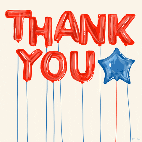 Text gif. Letters are made up of red balloons with a blue star balloon Text, “Thank you.”