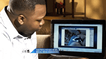 TV gif. Man looks at a computer screen displaying suggestive images of a woman, shaking his head disappointedly. Banner text reads, "Your profile pics make me sick... social media makeovers!"