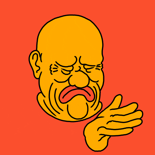 Cartoon gif. A bald man with big red lips does a facepalm, squishing his face as his hand becomes briefly embedded in it.