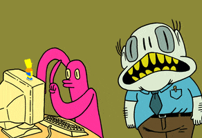 Illustrated gif. Pink cartoony character finger-types on a keyboard, with flair, flopping his arms up and down with each stroke, while a bald man in office clothes behind him gnashes his yellow teeth.