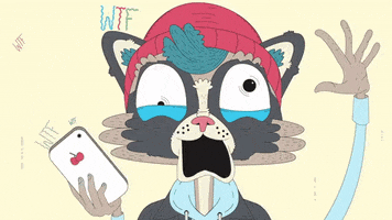 Cartoon gif. Extremely stressed out cat has humongous, baggy bloodshot eyes, blue hair sticking wildly out of a red beanie, and a mouth hung open like an abyss. Its hands are unsettlingly humanlike as one grasps an iPhone with a cherry logo and the other is raised in the air. In a squiggly font, text reading, "WTF" appears six times.