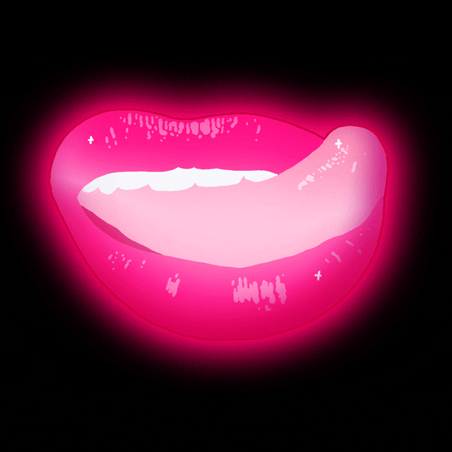 Digital art gif. A sexy pair of hot pink lips glow against a black background, her tongue licking her top lip seductively.