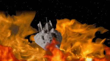 Digital art gif. A spaceship spins endlessly, flying through flames.