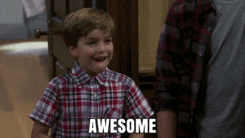 TV gif. Dashiell Messitt as Tommy on Fuller House grins excitedly. Text, "Awesome."