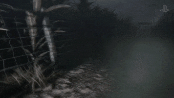 Videogame gif. First-person perspective running down a creepy, dark, dusty, moonlit path when suddenly a glowing white ghost emoji zooms in from the horizon.