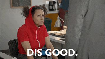 TV gif. Ilana Glazer as Ilana from Broad City sits in an office chair wearing a red hoodie. The hood is up, pigtails sticking out through the fabric. She nods as she speaks emphatically to someone. Text, "Dis good. Dis real good."