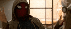 Movie gif. Tom Holland as Peter Parker in Spider-Man Homecoming, wearing a hoodie over his Spider-Man mask, throws his hands up, shakes his head and facepalms in frustration.