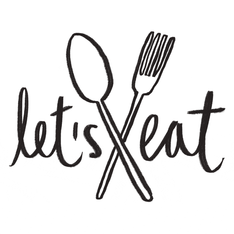 Text gif. A hand-drawn fork and spoon cross between cursive text that reads "let's eat!"