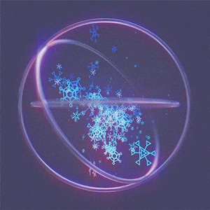 Digital art gif. Three loops rotate around each other at opposing angles while a flurry of snowflakes drifts in the center.