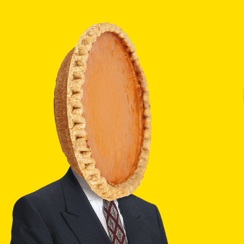Video gif. Man with a pumpkin pie as his face wears a suit and tie. A small little man in a suit is thrown and hits the pie face hard, then falling onto the ground.