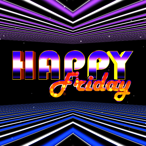 Text gif. 80s television effects with diagonal lines that move above and below into black space in the distance. The text is bold with sparkles and blinking lights coming off of it. Text, "Happy Friday."