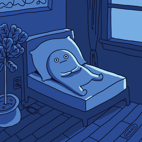 Illustrated art gif. Late at night an oval shaped character lays in bed with their phone plugged in next to them. They hold their hands together and lay on their back staring at the ceiling blinking their eyes with a straight faced mouth. 