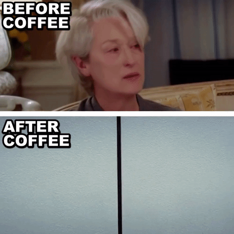 Movie gif. Panel 1: The text reads, “Before coffee” Meryl Streep as Miranda in The Devil Wears Prada looks depressed, tired and disheveled. She wears no makeup and her hair is out of place. She shakes her head and looks done with the world. Panel 2: Text reads, “After Coffee.” Elevator doors open to reveal Miranda in a beautiful fur coat, hair perfectly in place, and holding a work binder. She whips off her sunglasses and her makeup is perfectly done. She means business. 