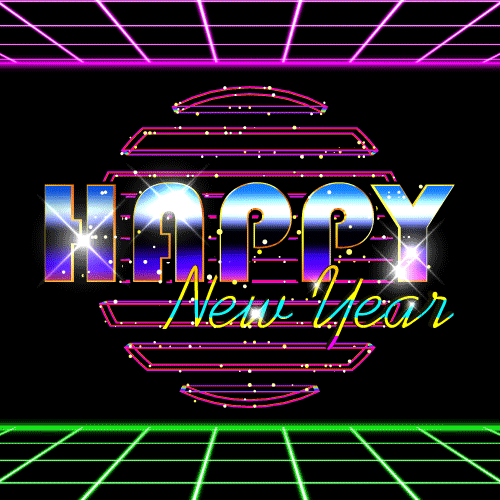 Text gif. A retro video game like display, flashes a colorful glittering circle. A grid-like floor and ceiling pulse with colors. Over the center circle, a shimmering neon, multi-colored lettering reads, "Happy New Year" with happy in all caps.