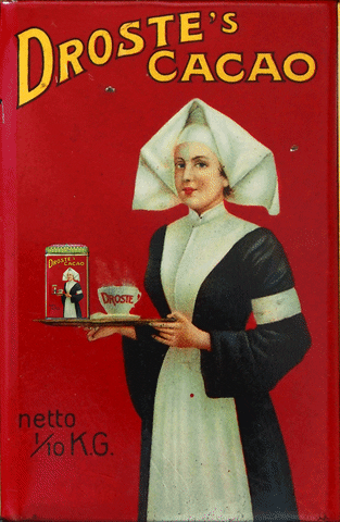 Ad gif. We zoom in on the woman pictured on the Droste's Cacao label who is holding the cacao box. We enter into a Russian doll situation, zooming in to see her holding the box over and over again.
