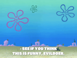 SpongeBob SquarePants gif. Young Barnacle Boy stands with his hands on his hips and sternly says, "See if you think this is funny, evildoer," and then he takes a deep breath and blows a torrent of barnacles out of his mouth.