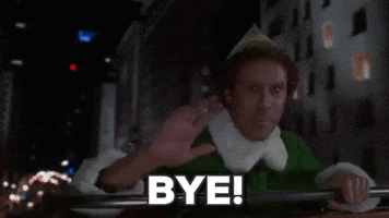 Movie gif. Will Ferrell as Buddy from Elf waves a cheerful goodbye as he ascends on Santa's sleigh. Text, "Bye."