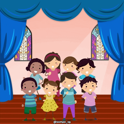 Digital illustration gif. Choir of eight children on a stage as music notes fly around and they sing, "Wishing you a blessed Good Friday!'