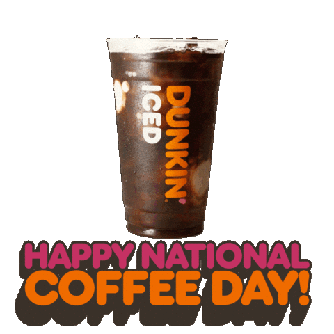 Sponsored sticker gif. Cream swirls through a plastic cup of Dunkin’ Donuts iced coffee. Text reads, “Happy National Coffee Day!”