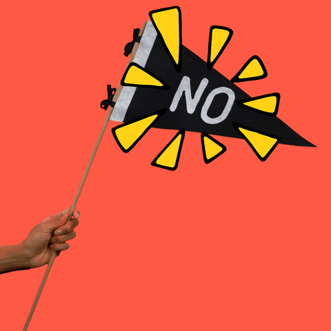 Video gif. Black pennant flag with white text reads, "No." Yellow cartoon emphasis lines radiate from it as it waves slowly on a coral pink background.